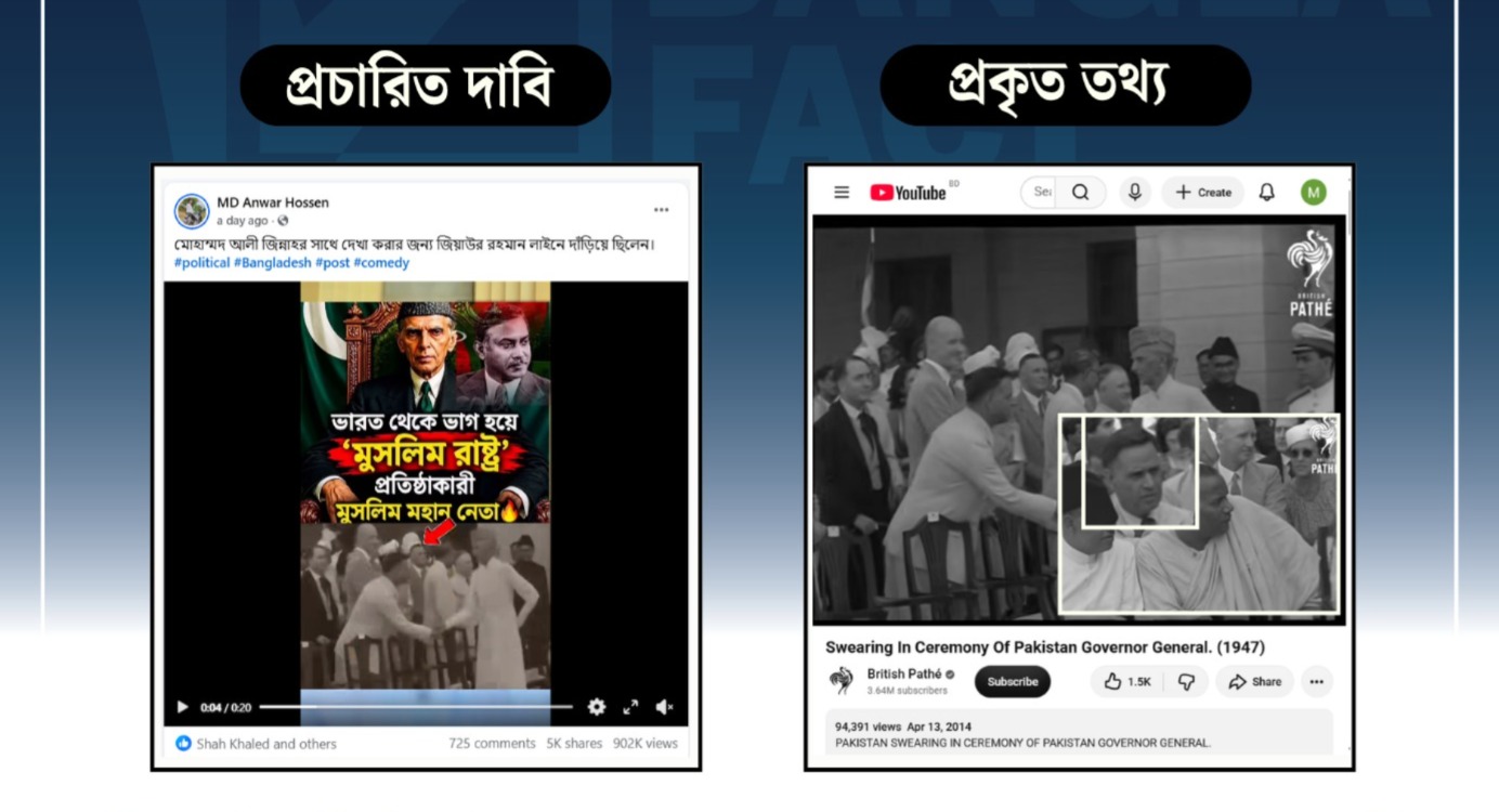 মোহাম্মদ আলী জিন্নাহর সঙ্গে করমর্দনকারী ব্যক্তি শহীদ রাষ্ট্রপতি জিয়াউর রহমান নন