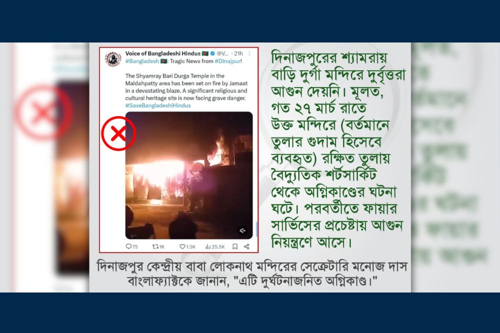 শর্টসার্কিট থেকে সংঘটিত অগ্নিকাণ্ডের ঘটনাকে মন্দিরে সাম্প্রদায়িক হামলা দাবিতে অপপ্রচার