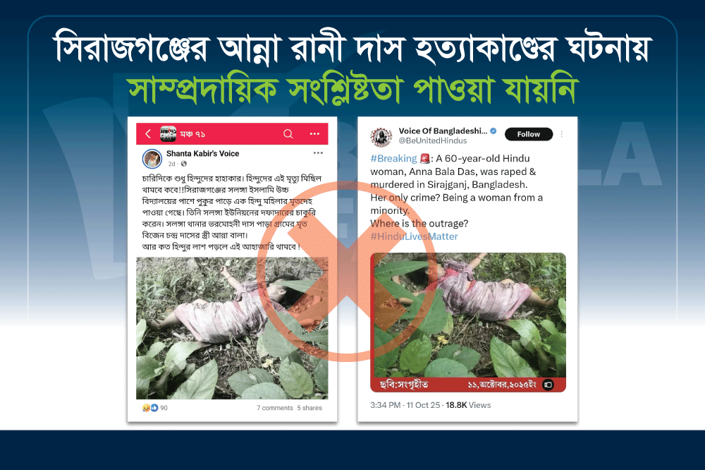 সিরাজগঞ্জের আন্না রানী দাসের হত্যাকাণ্ডের ঘটনায় সাম্প্রদায়িক সংশ্লিষ্টতা নেই