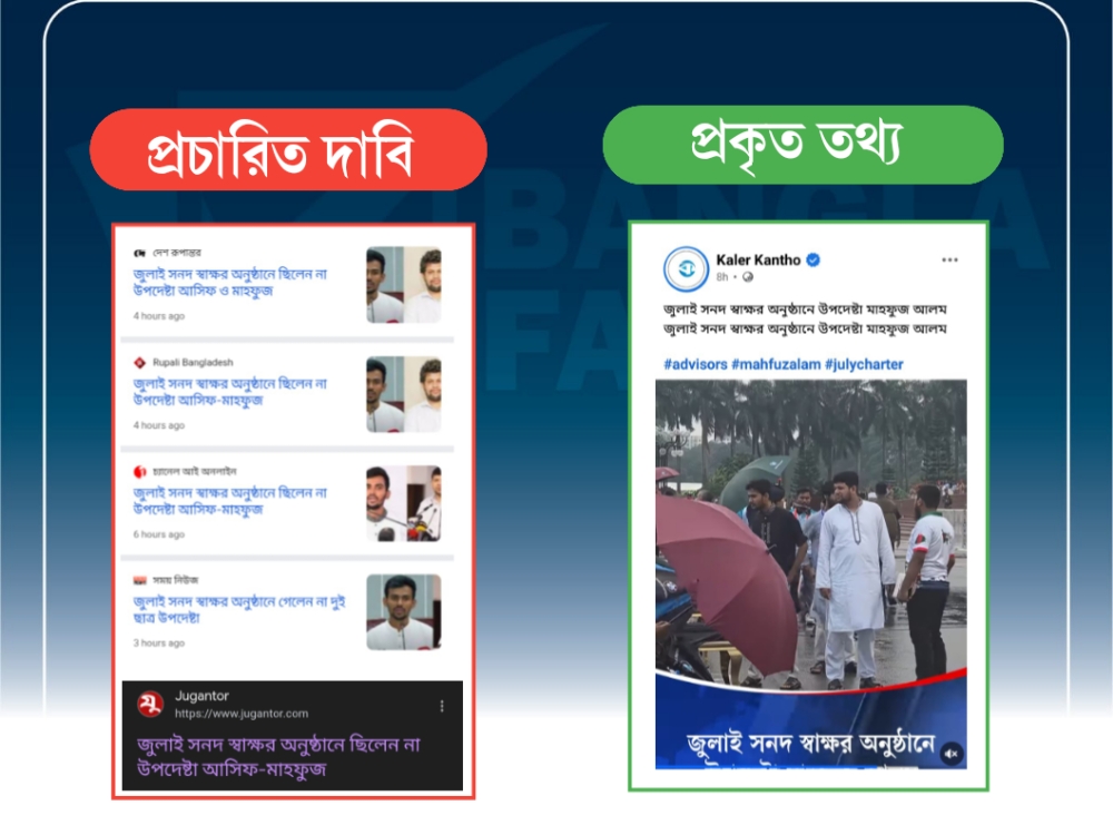 জুলাই সনদ স্বাক্ষর অনুষ্ঠানে উপদেষ্টা মাহফুজ ও আসিফের উপস্থিতি নিয়ে গণমাধ্যমে ভুয়া তথ্য প্রচার