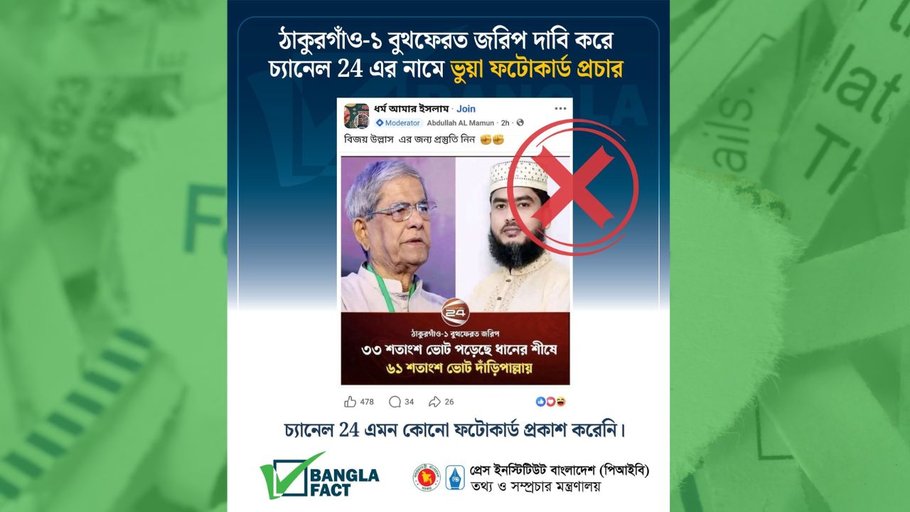 ঠাকুরগাঁও-১ বুথফেরত জরিপ দাবি করে চ্যানেল 24 এর নামে ভুয়া ফটোকার্ড প্রচার