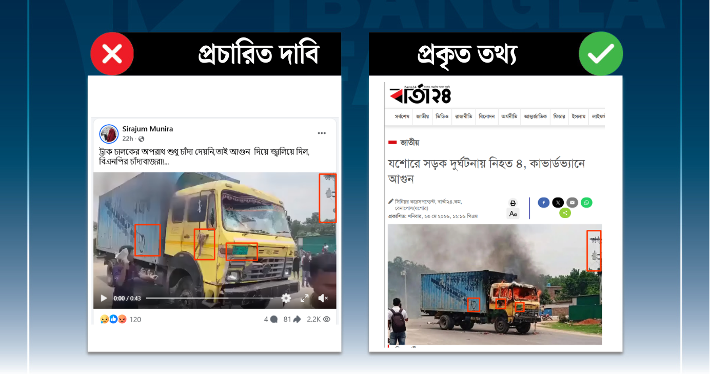 দুর্ঘটনার পর ট্রাকে ক্ষুব্ধ জনতার আগুন দেওয়ার ঘটনায় বিএনপিকে জড়িয়ে অপপ্রচার