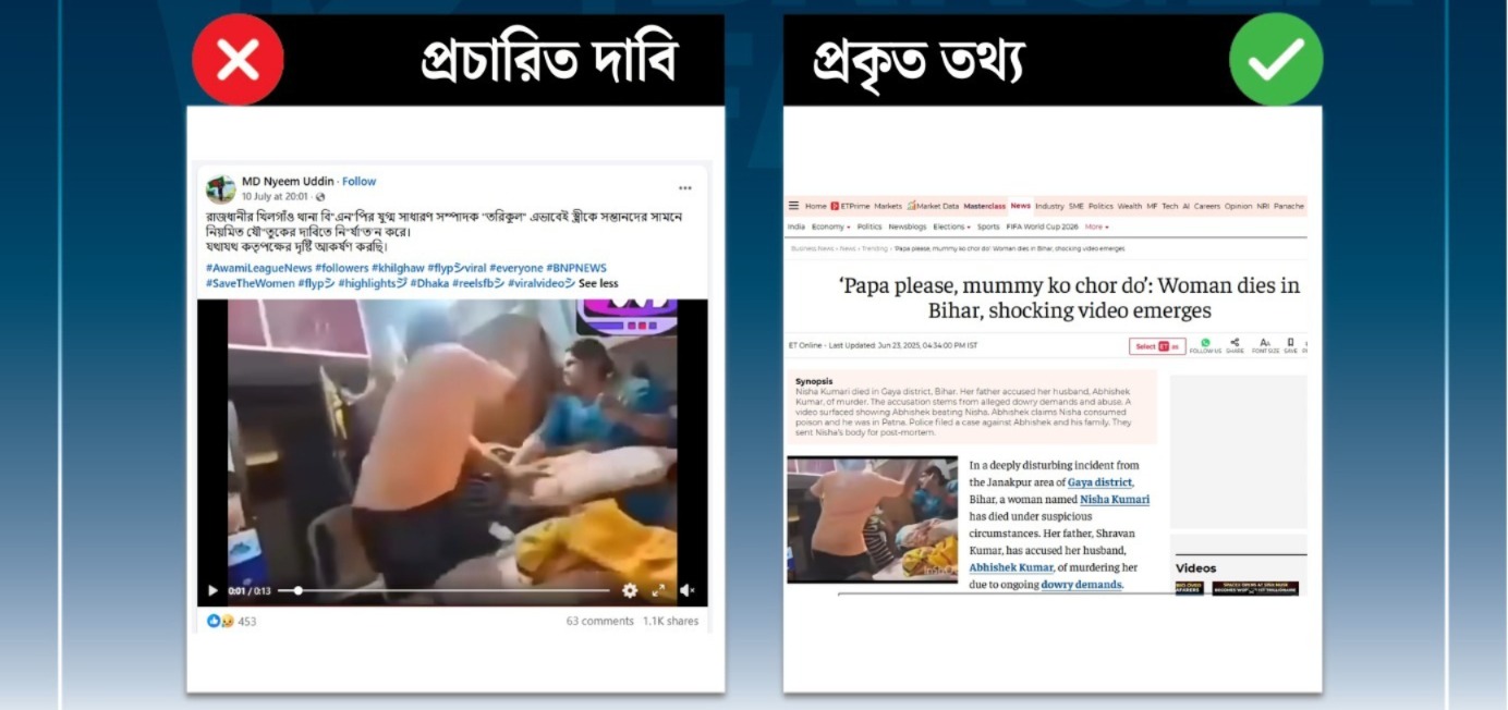 যৌতুকের জন্য নিজ স্ত্রীকে বিএনপি নেতার মারধরের দাবিটি অসত্য; ছড়ানো ভিডিওটি 
বাংলাদেশের নয়, ভারতের
